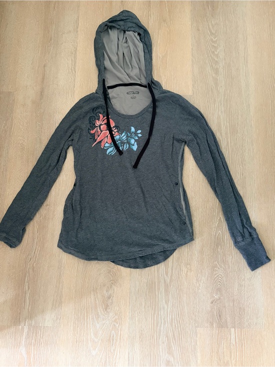 crazy shirts Tops - Crazy Shirts- Gray Hooded Long-Sleeve Top with Coral & Light Blue Floral- M